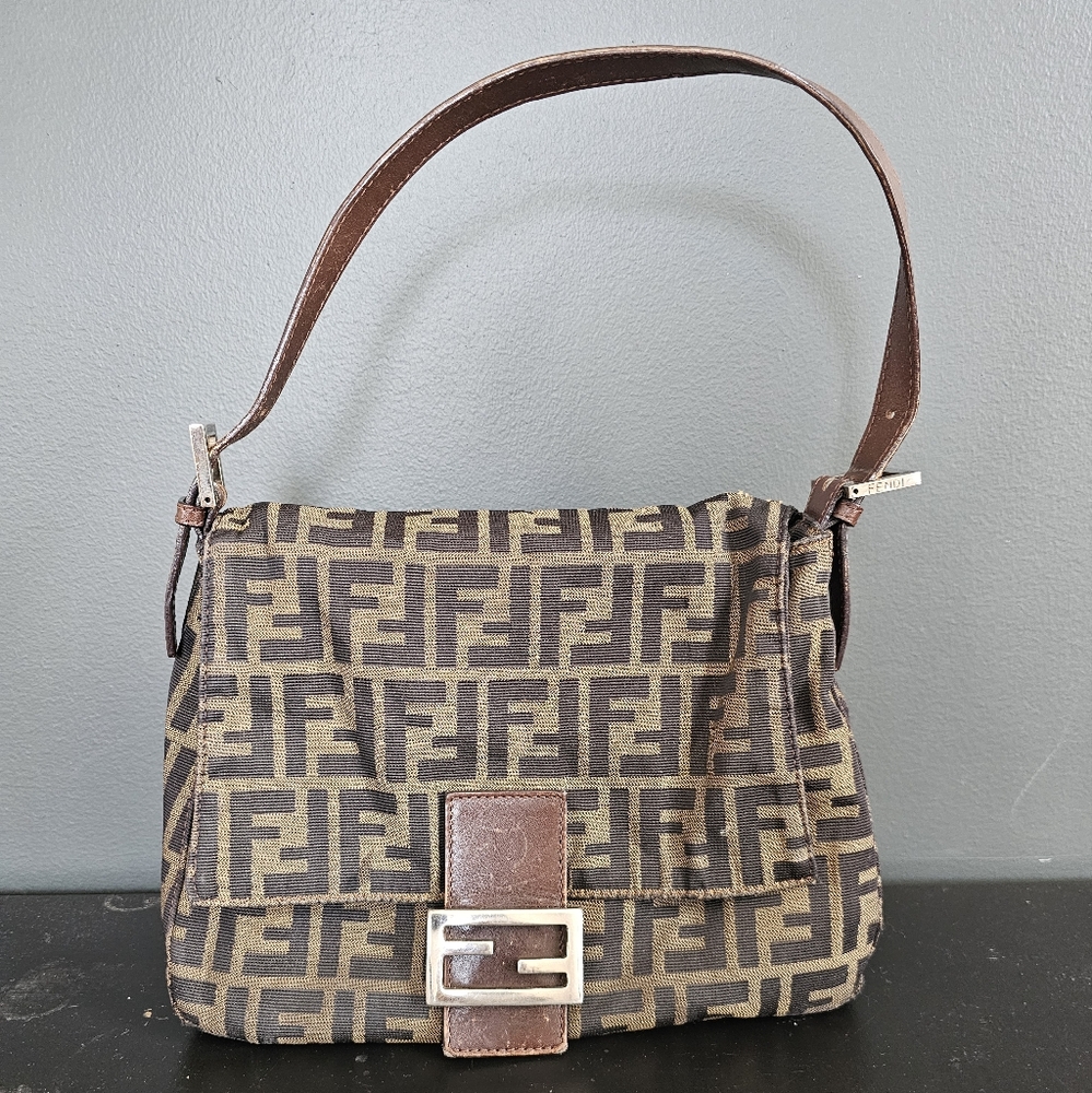 FENDI Logo Mamma Zucca Pattern Shoulder Bag Canvas Leather Brown Italy 2…